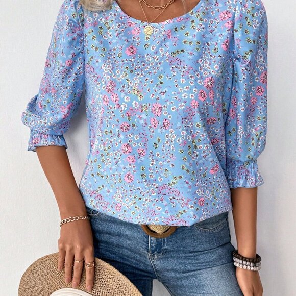 Baby Blue Boho Women's Vacation Casual Ditsy Floral Puff Sleeve Shirt - Picture 1 of 7